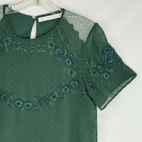 Zara Trafaluc Blouse Small Green Embroidered Ruffle Peplum Top Short Sleeves - Picture 12 of 16